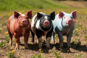 Three young different colored mangulitsa pigs on the field standing in row