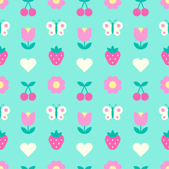Cute pastel geometrical berry, flower, butterfly and heart seamless pattern background.