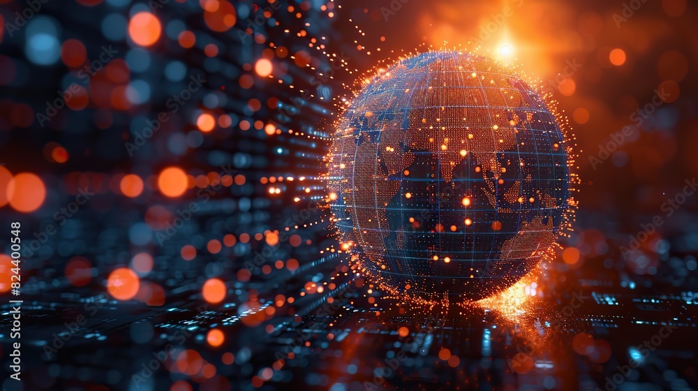 Poster an abstract digital globe with floating data points. stock image
