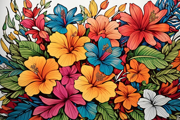 a colorful painting of flowers with the word hibiscus Exquisite Tropical Blossoms A Vibrantly Render