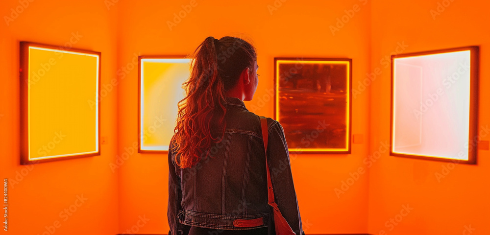 Wall mural Young woman in an art gallery, observing empty canvases, set against a vibrant tangerine backdrop.