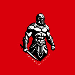 Fototapeta premium Powerful Warrior in Armor with Sword on Red Background - Symbol of Strength and Readiness for Battle