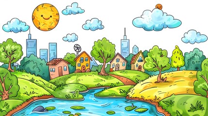 Vibrant Cartoon Landscape Highlighting Environmental Stewardship and Sustainable Community