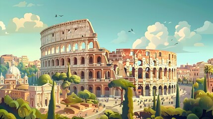 Plakat Whimsical Depiction of the Iconic Colosseum in Rome Italy Showcasing Its Historical Grandeur and Significance