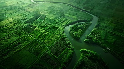 Fototapeta premium Innovative Irrigation Technique Showcases Harmonious of Farmland and Natural Waterways in Scenic Countryside Landscape