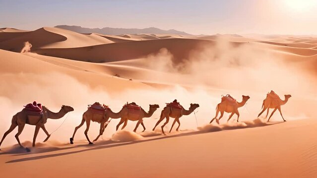 Camels walk in rows through the desert.