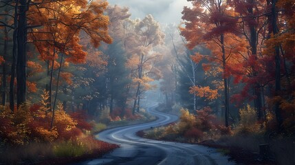 Obraz premium Scenic Autumn Forest Road Winding Path Through Vibrant Fall Foliage Landscape