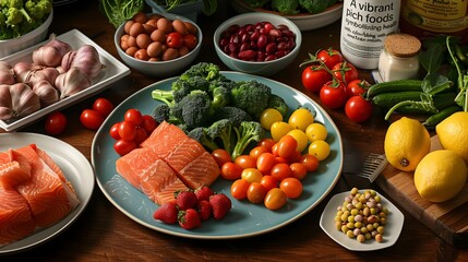 Vibrant Assortment of Protein Rich and Nutrient Dense Foods on a Serene Kitchen Table
