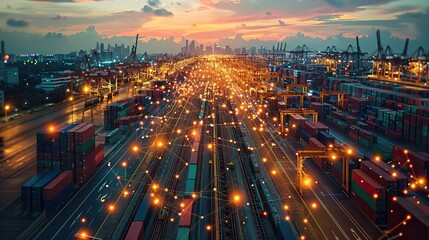 Global supply chain visualized through connected icons. stock image