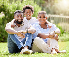 Portrait, black family and happy in park with bonding on break for fun, support and care with love....