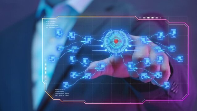 Business process and workflow automation with flowchart. Business and technology concept. Businessman push on power button to show neon line of arranging processing management.