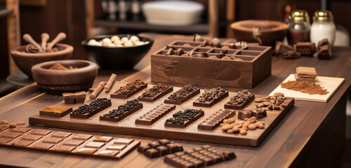 Artisan chocolate workshop featuring a flavor experimentation station mockup, blending culinary arts with chocolate innovation.
