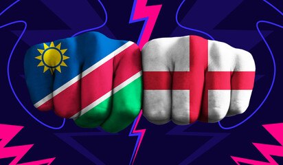 Namibia VS England T20 Cricket World Cup 2024 concept match template banner vector illustration design. Flags painted on hand with colorful background