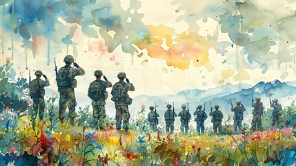 Watercolor cartoon scene of soldiers saluting at a Memorial Day ceremony, with a backdrop of an American flag and blooming spring flowers Generative AI