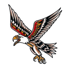 Fototapeta premium Tattoo,Traditiona,Old School ,Design,An eagle in mid-flight with wings spread wide, symbolizing freedom and strength