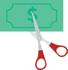 Cutting or lowering price concept. scissors cutting money bill in half. vector illustration in flat style