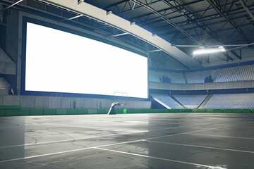 Realistic 3D render of a sports arena with a large blank billboard for sponsor ads, enhanced by a...
