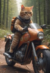 there is a cat riding a motorcycle with a fire on it