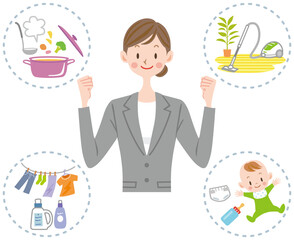 仕事と家事を両立する女性のイラスト　共働き　育児 © M