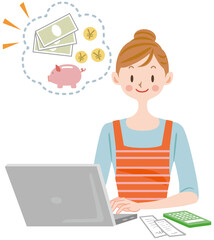 パソコンを使って家計簿をつける主婦　家計　貯金　確定申告