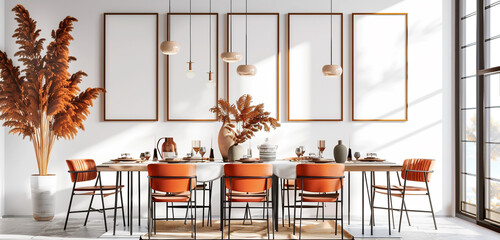 Japandi dining room with burnt orange decor, 5 empty posters mockup template on white wall, light...