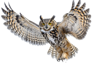Wise owl pointing something out with his wing isolated on white background