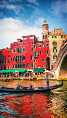 Splendid scene of famous Canal Grande. Colorful spring view of Rialto Bridge. Picturesque morning...