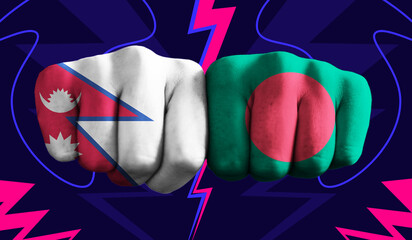 Nepal VS Bangladesh T20 Cricket World Cup 2024 concept match template banner vector illustration design. Flags painted on hand with colorful background