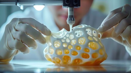 A man is working on a 3D printed object, wearing gloves