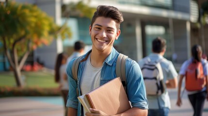 A cheerful young male student stands in front of a modern university building, holding his books and notes while smiling warmly at the camera. Dressed in casual jeans and a shirt, he is surrounded by - Powered by Adobe