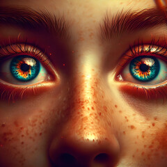 Multicolored eye of the girl with freckles, red eyebrows