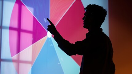 A silhouette of a man interacts with a large screen, pointing at a colorful pie chart projection. - Powered by Adobe