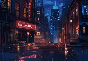 Obraz premium Depict a nighttime city skyline with jazz clubs, dim streets, and musicians in the background. Convey the urban, after-hours mood with a stylish marquee saying 