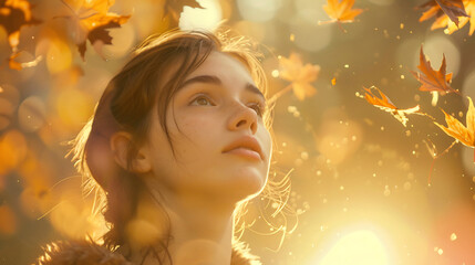Fototapeta premium Young Woman Gazing Upward Among Falling Autumn Leaves, Sunlit Filtering Through Autumn Colors Background