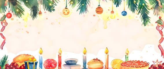 Festive Hanukkah Doodle Border with Candles Greenery and Traditional Foods