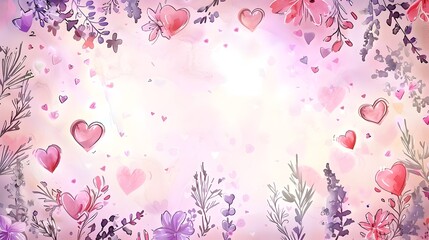 Floral Romantic Doodle Frame with Watercolor Hearts and Candles Background for Valentines Day Mockup