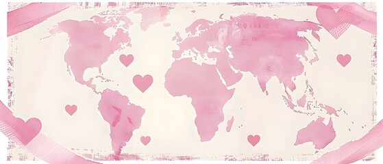 Global Breast Cancer Awareness Month Soft Pink Doodle World Map with Scattered Hearts and Ribbons Backdrop