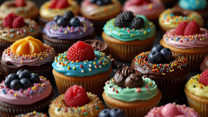 Cupcakes and Doughnuts Journey into a vibrant world where rows of colorful cupcakes, muffin cakes, and doughnuts are topped with luscious chocolate icing, rich frosting