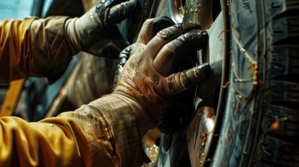 Close up of a mechanic's hands expertly working on a car tire