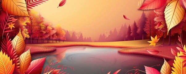 A serene autumn landscape with a pond reflecting the colors of the fall foliage, with space for text