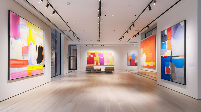 A room with three paintings on the wall