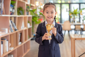 Asian girl wearing dark gray school uniform suit, aged 6, gleefully raises her gold trophy aloft, proudly showcasing her achievement on the blue office background.