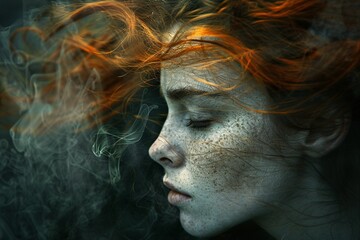 A beautiful woman with long red hair and freckles on her face is surrounded by smoke
