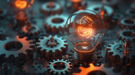 Inspiration and Motivation: A 3D vector illustration of a glowing lightbulb surrounded by gears