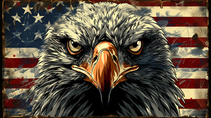 Patriotic Bald Eagle Illustration Against the American Flag with a Determined Expression