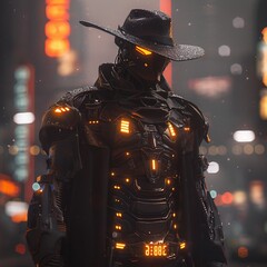 A dark, futuristic cowboy robot with glowing orange eyes and a hat stands in a rainy city street.