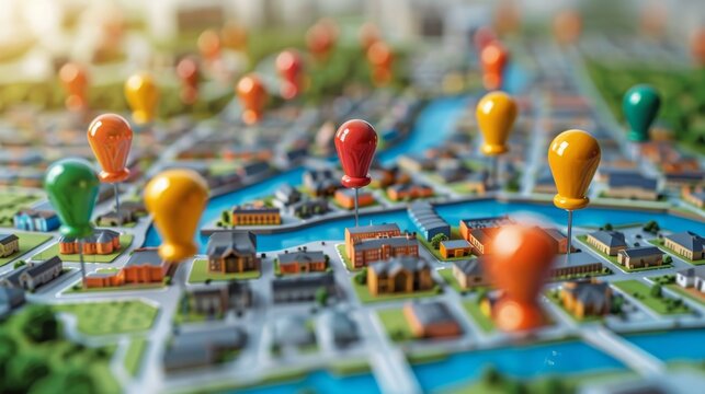 Real Estate: A 3D vector illustration of a map with pins indicating property locations