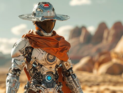 A lone cyborg cowboy stands in the desert, his mechanical eyes scanning the horizon.
