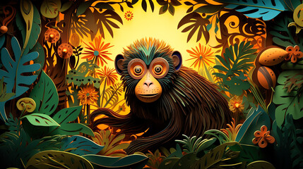 Fototapeta premium A vibrant and colorful digital collage of a monkey in a lush jungle setting. The monkey is the focal point of the image. The background is filled with lush vegetation.