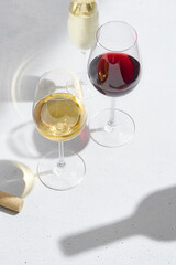 Assorted White and Red Wines in Glasses on White Table - Overhead View